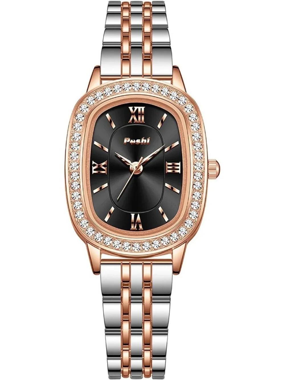 Women's Rose Gold-Black Waterproof Dainty Diamond Oval Analog Luxury Watches